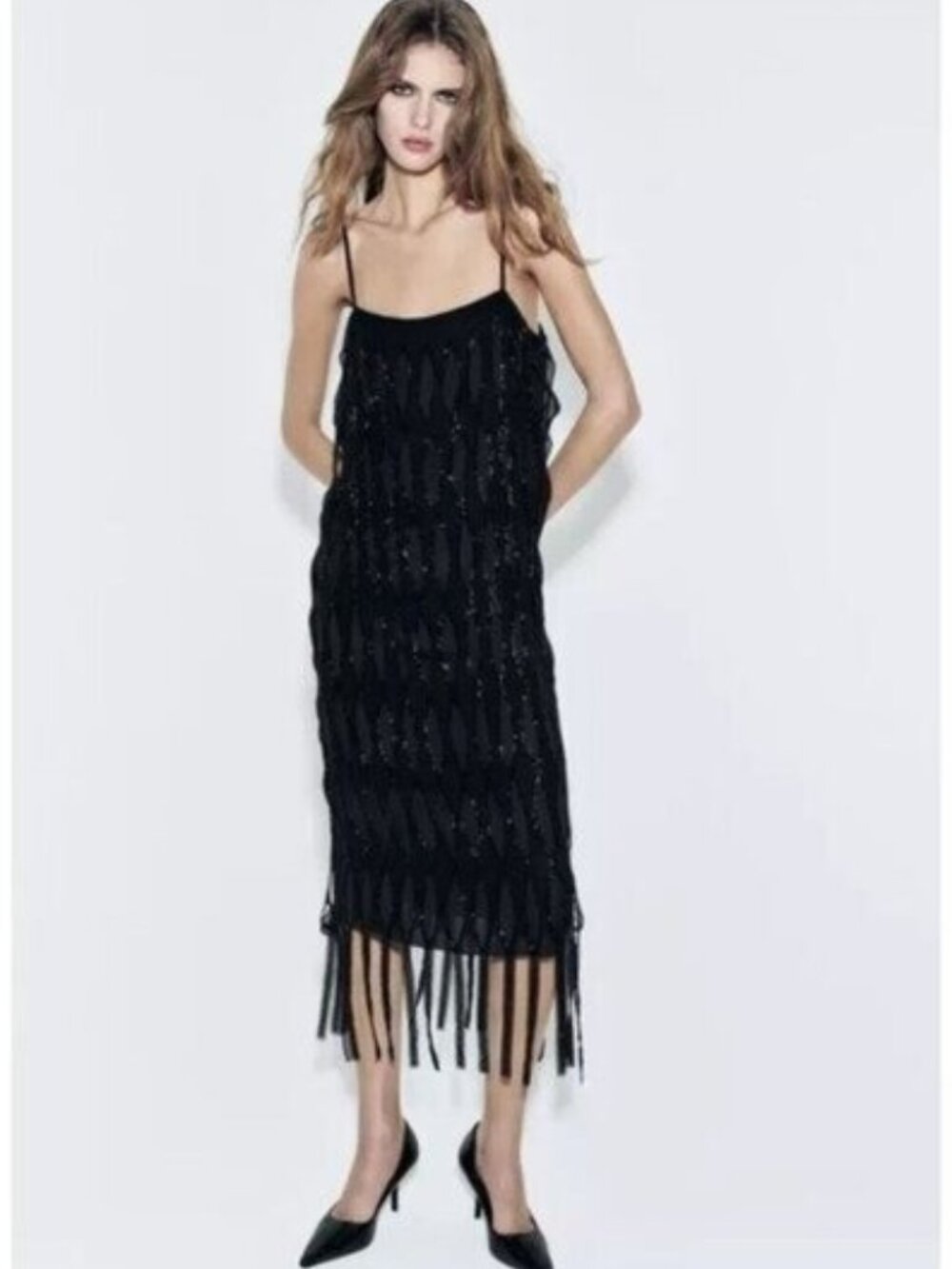 ZARA Sequin Cocktail Dress Black S Beaded Fringe Slip LBD 9363 122 Holidays NEW